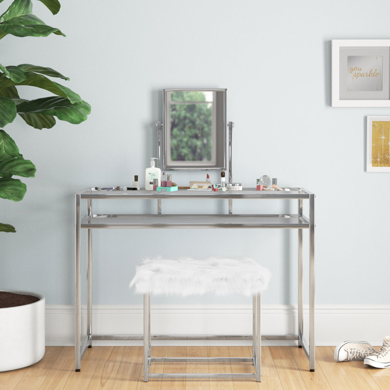 Ensemble de meuble-lavabo rectangulaire en verre avec tabouret et miroir Jolien