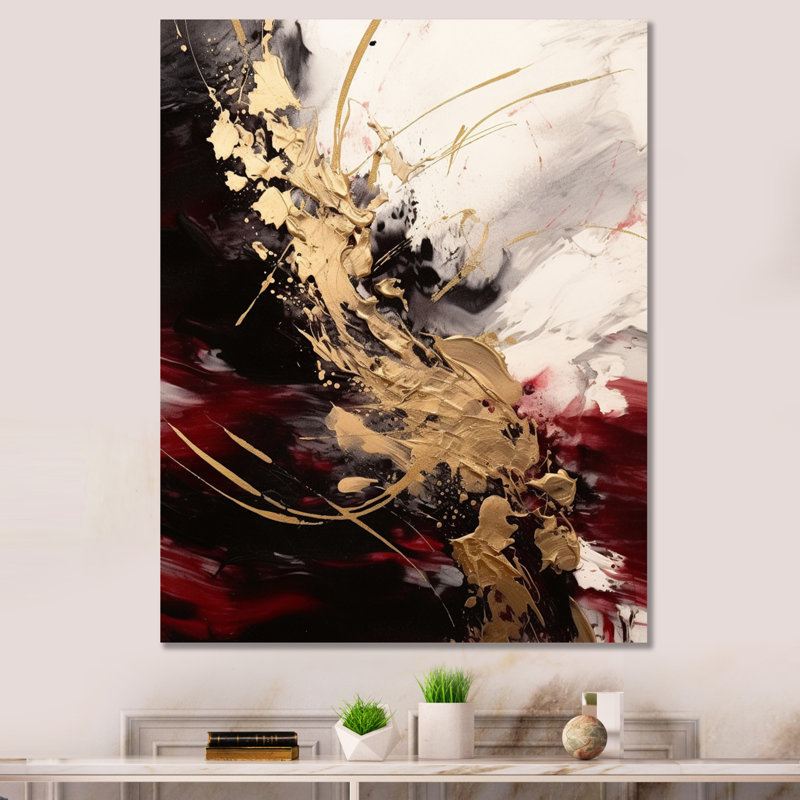 Or et fluide rouge fusion I - art mural abstrait, Sans cadre, H 44 po x l 34 po, Toile tendue