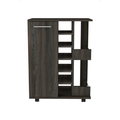 Bar Cart, Two External Shelves, Four Casters, Six Built-In Wine Rack, Single Door Cabinet