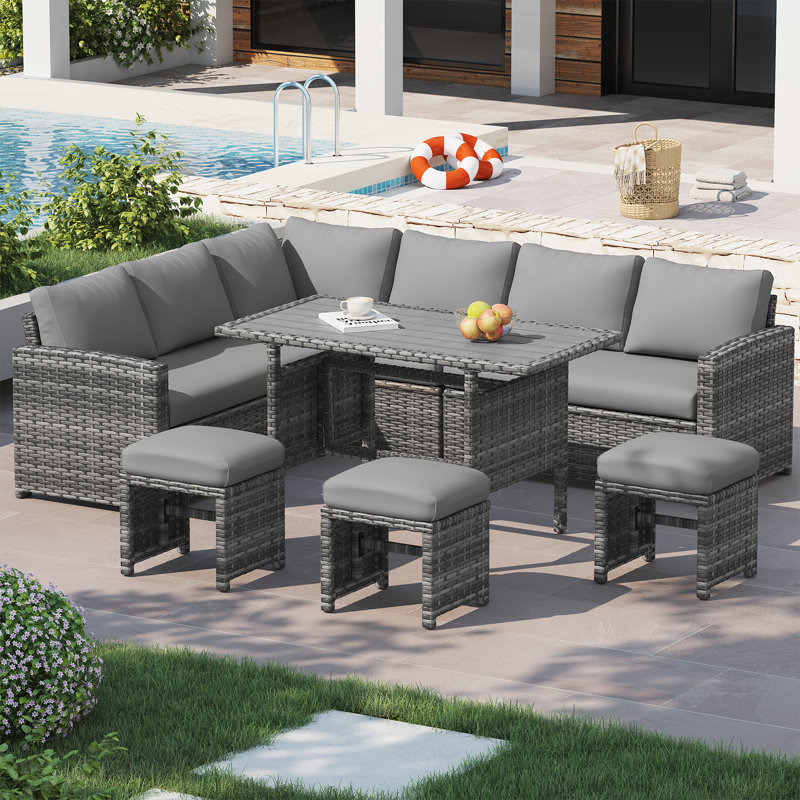 Hinesville 7 Piece Rattan Lounge Dining with Cushions, Gray Frame/Gray Cushion