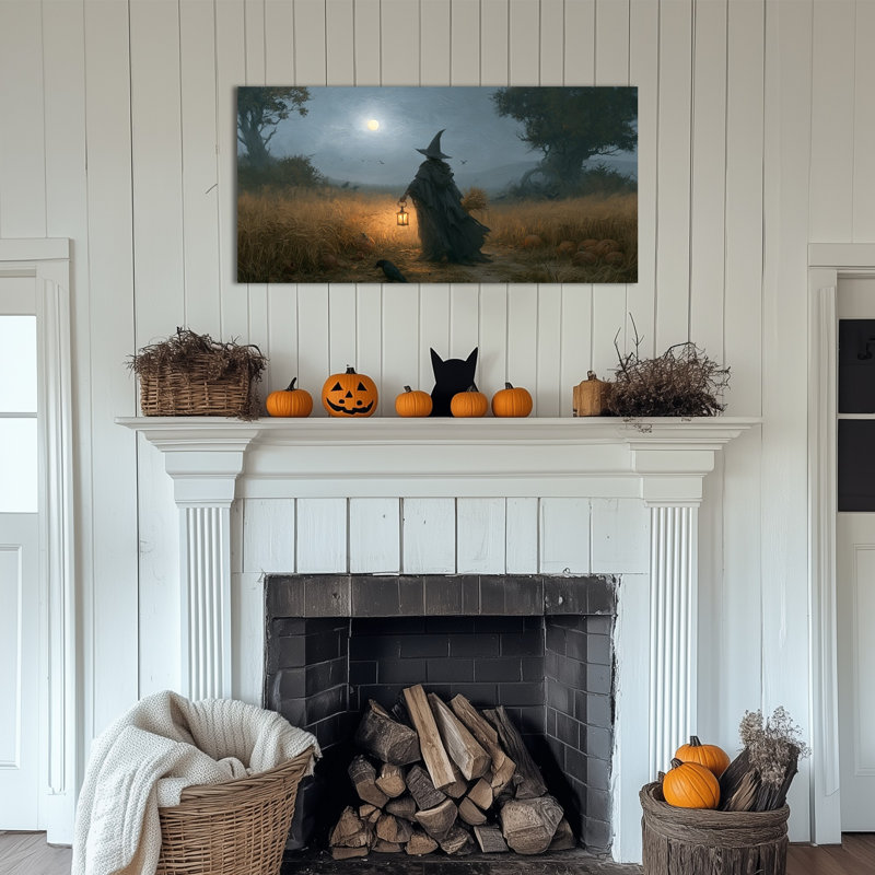 Art d'Halloween, art mural, sorcière, corbeau et lanterne, 12 x 24 pouces, Illustration d'une sorcière - 29