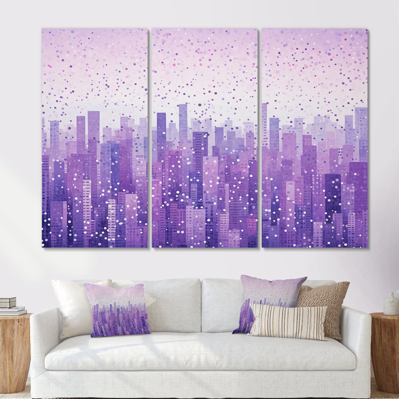 Lilas superposés gratte-ciel urbain horizon I - ensemble de décorations murales gratte-ciel, Toile tendue