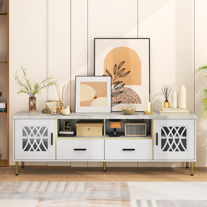  Modern Faux Marble Entertainment Center 71-Inch TV Stand for 80'' TVs White