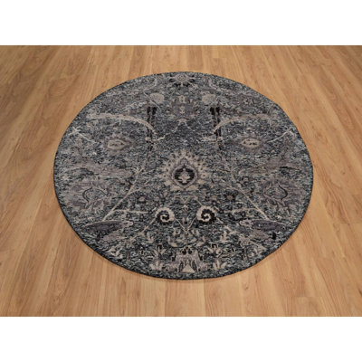 Tapis oriental rond 6 pi x 6 pi noir, noué à la main, moelleux et luxuriant, à motif faucille, en soie avec laine texturée, sans bordure