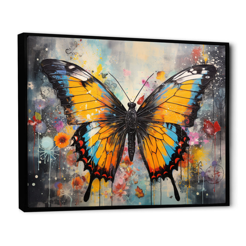 Biba, orange, sarcelle, papillon, danse, couleurs - grand art mural papillon, Cadre flottant noir, 34" H x 44" W