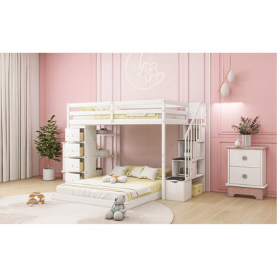 Twin Over Full Bunk Bed With 3-Layer Shelves, Drawers And Storage Stairs, White