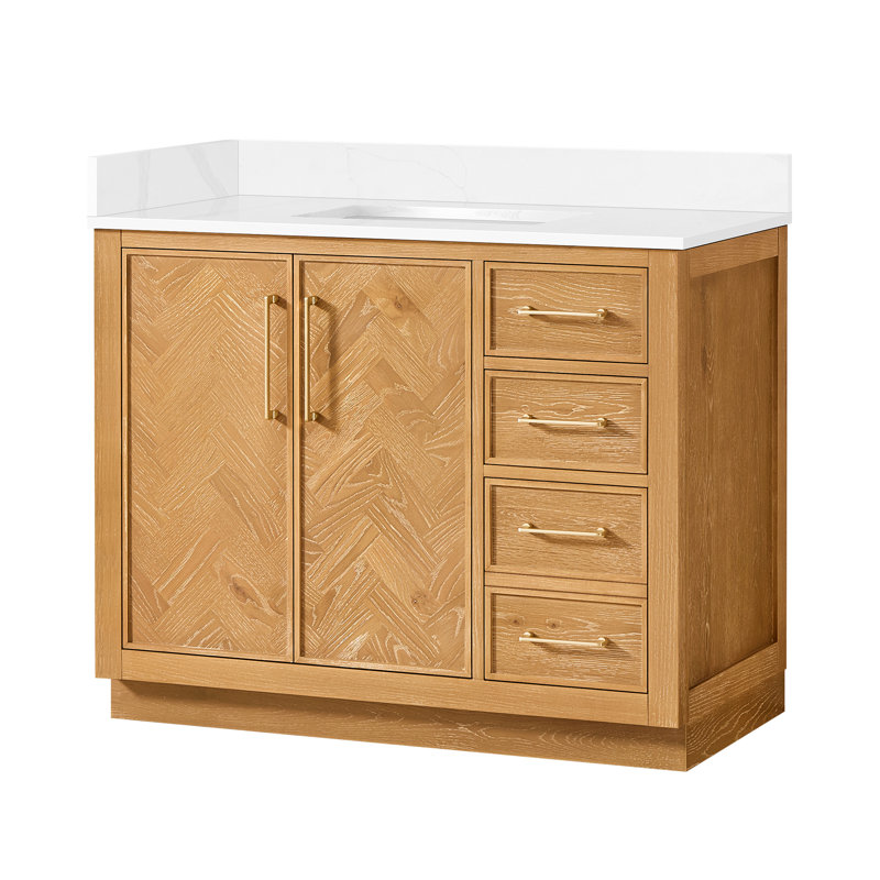 Carrasco 42" Single Bath Vanity in Oak Natural Brown with Silk White Quartz Stone Top, Oak Natural Brown, Brushed Gold
