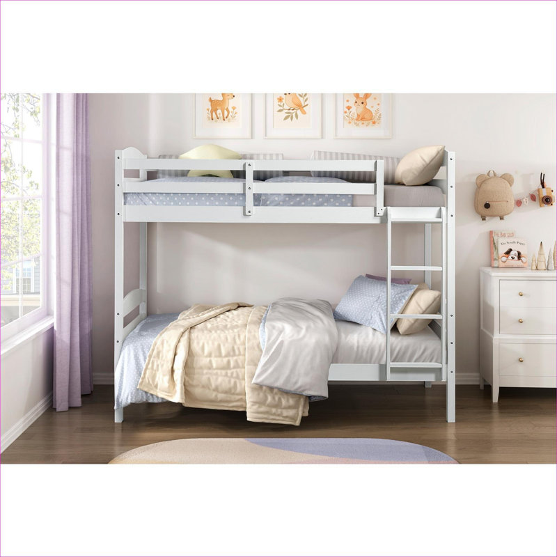 Lit superposé simple au-dessus de simple pour chambre de jeunes, structure en bois massif blanc classique avec garde-corps