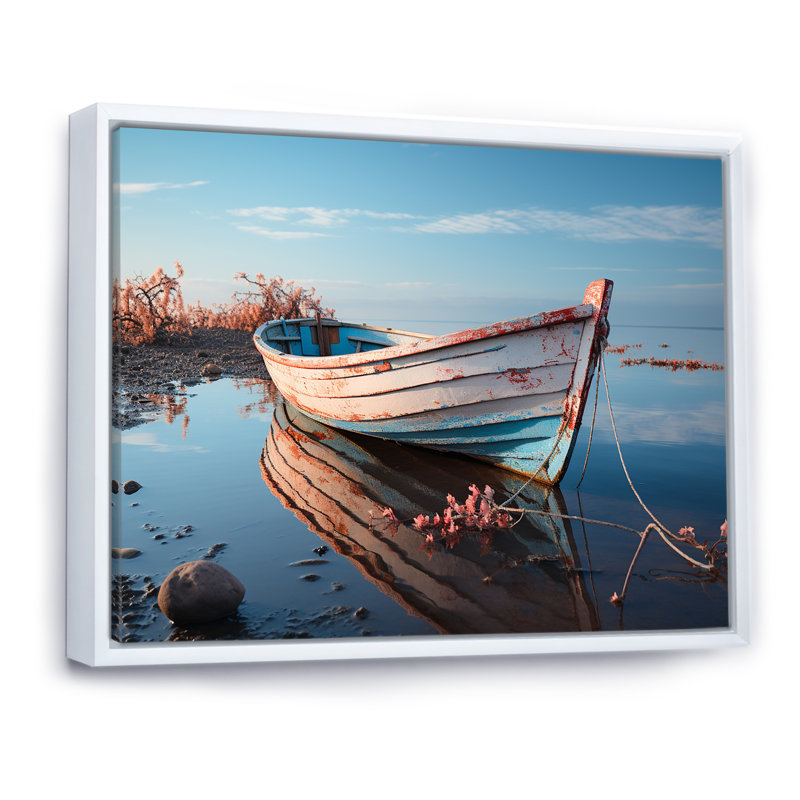 «Blue and White Boat Scenery I», reproduction sur toile, H 24 po x l 32 po, Cadre flottant blanc