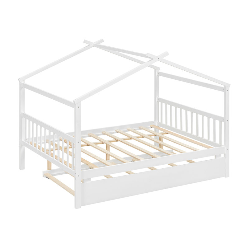 Lit double en bois avec lit gigogne simple, blanc