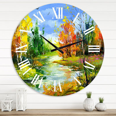 Paysage d'automne avec la rivière Wood - horloge murale Lake House