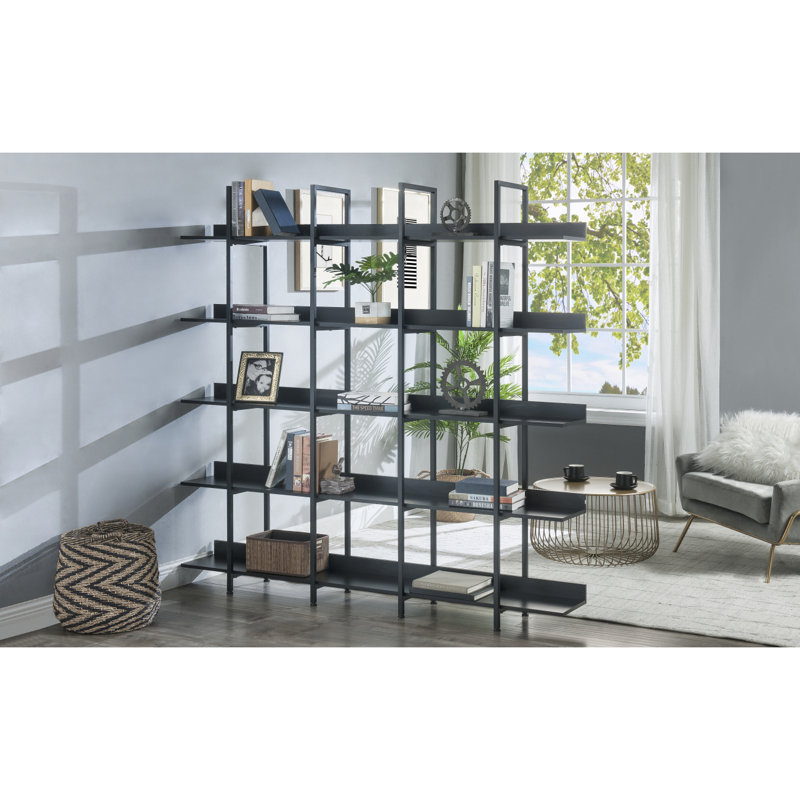 5 Tier Bookcase Home Office Open Bookshelf, Vintage Industrial Style Shelf With Frame, Black