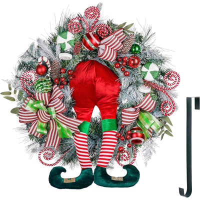  30'' Pre-Lit Christmas Wreath for Front Door with Lights, Large Lighted Outdoor Christmas Wreath with Red Green White Xmas Ball & Elf Leg for Home Porch Fireplace Window Holiday Decor