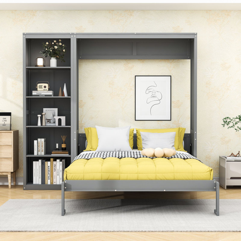 Lit escamotable en bois avec tablettes multifonctionnelles, Gris, Double