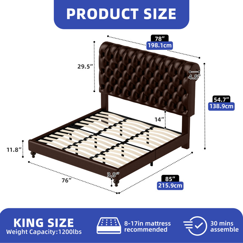 PU Leather Upholstered Sleigh Bed, King, Brown