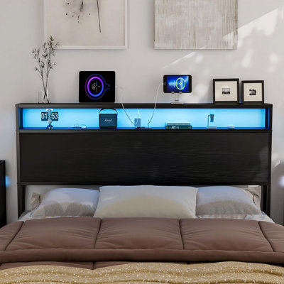 Kaiwei Storage Headboard With Led Lights & Charging Station - Industrial Metal And Wood