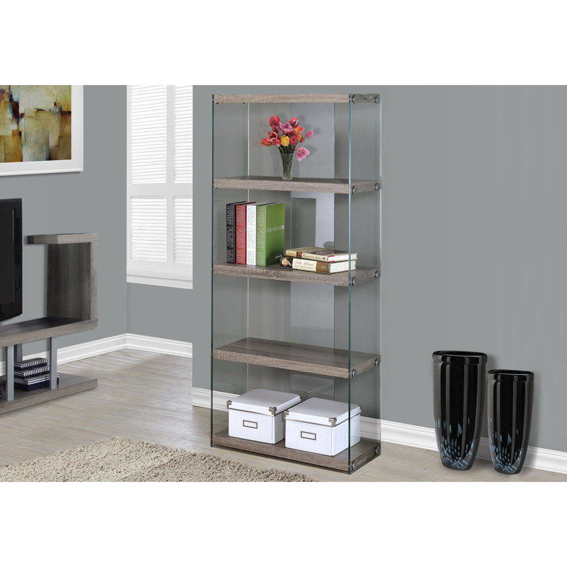 Bookshelf, Bookcase, Etagere, 5 Tier, 60"H, Office, Bedroom, Tempered Glass Clear Sides, Dark Taupe