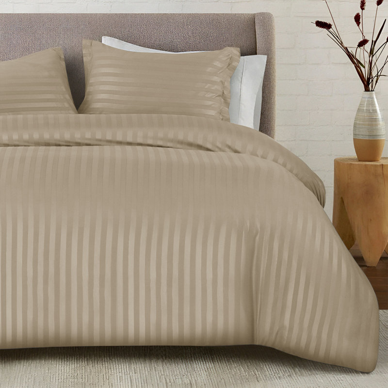 Noso Premium Hotel Quality Satin Stripe Duvet Cover Set with Pillowcases, Beige, Double
