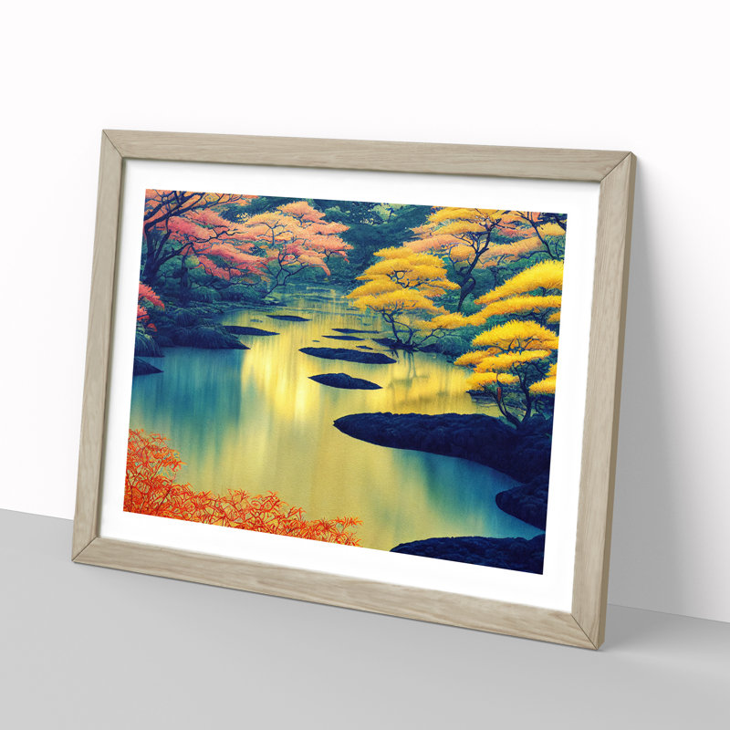 Colourful Japanese Forest - Painting, Oak Framed, 25cm H x 34cm W x 2cm D