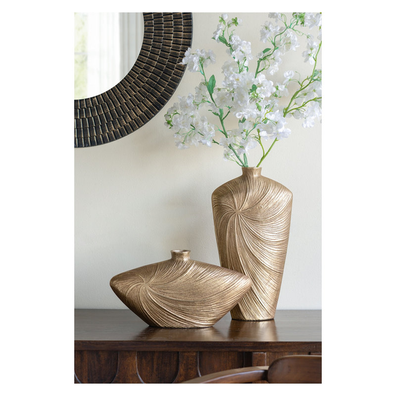 Vase sculptural en aluminium avec motif tourbillonnant doré, l 16 po x H 8,8 po
