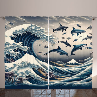 Ambesonne Curtains 2 Panel Set, Ukiyo-e Waves Marine Animals, Sea Blue and Pearl -  p_sd1759_108x84