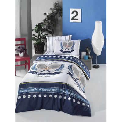 Ensemble de housse de courtepointe 100% coton Ranforce, bleu foncé et blanc avec accents jaunes et bruns | Housse de couette 63 x 87, drap plat 63 x 94, 1 taie d'oreiller 20 x 28 | 145 fils au pouce carré, lavable à la machine avec fermeture à bouton