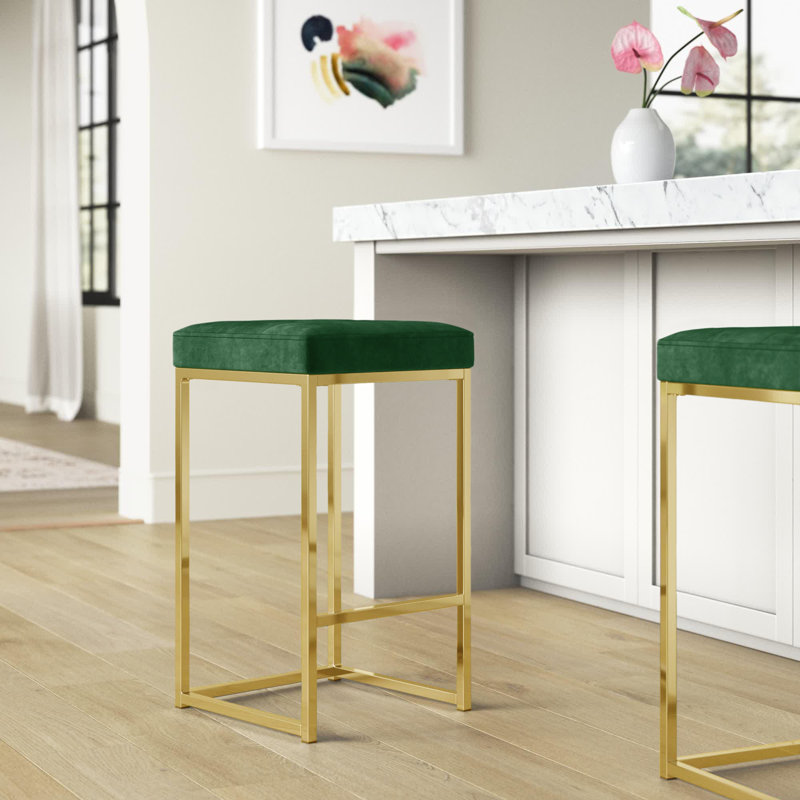 Nicola 26.5" Counter Stool, Gold, Green Velvet