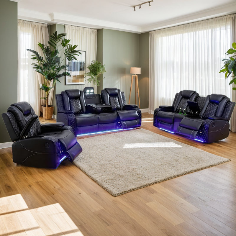 Luxury Furniture Sets Power Recliner Sofa With Ledlights,living Room Furniture/small Space/office/theaterseating, Reclining Sofa Chair With Usb Port/storageconsole/cup Holders(3 Piece Set)