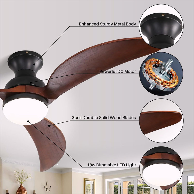 52 Inch Modern Ceiling Fan With 3 Color Dimmable Solid Wood  Blades Remote Control Reversible DC Motor For Bedroom, Black