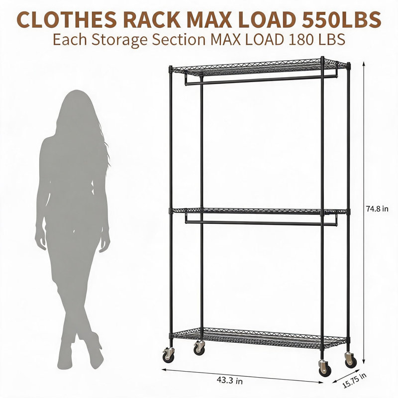 Organisateur de vêtements autoportant robuste - Tablettes grillagées réglables à 3 niveaux - Tringles de suspension doubles - Rangement portatif à roulettes pour chambre ou salle de lavage - Noir