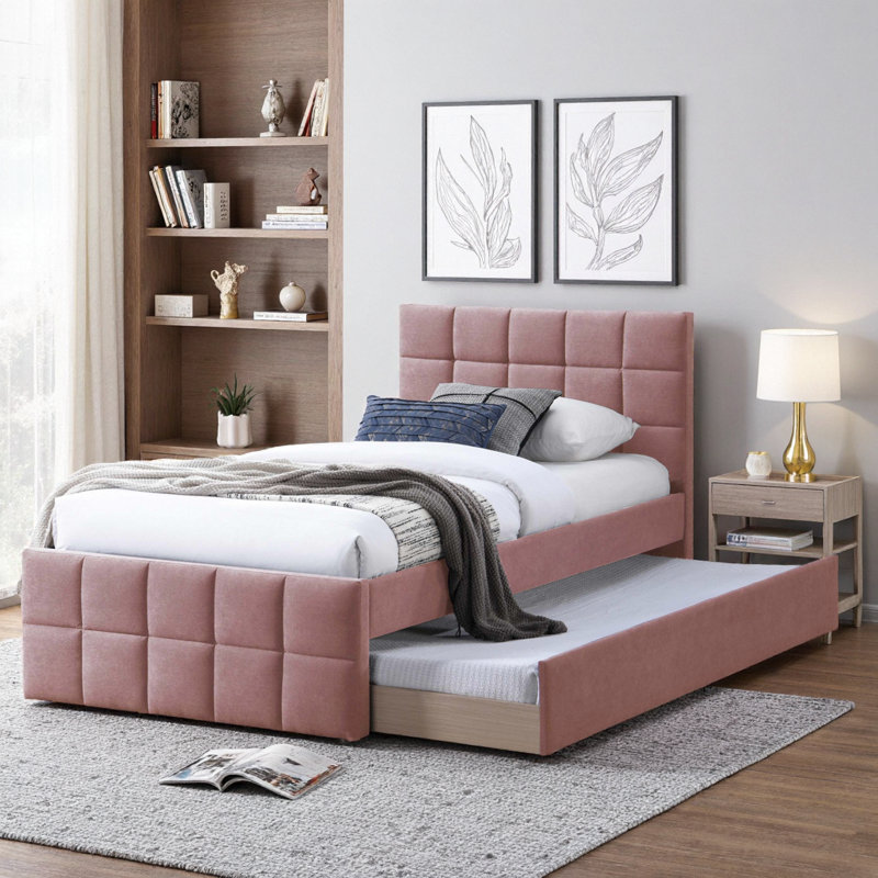 Lit tapissier contemporain en lin rose clair avec tête de lit et grille, Rose clair