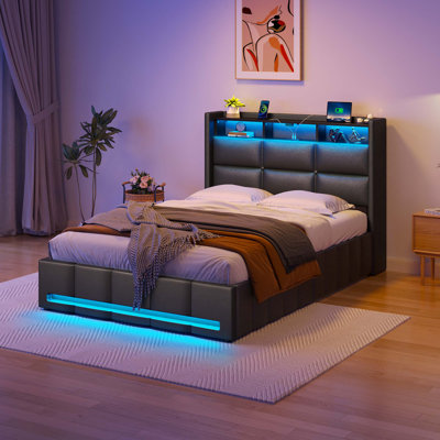 Jilissa Upholstered Bookcase Lift Up Storage Bed with Charging Station and RGB LED Lights