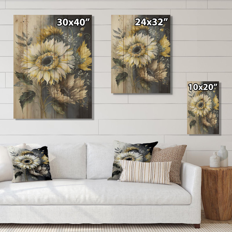 Tournesol blanc Lassay - impression sans cadre sur bois, H 40 po x l 30 po x P 1,5 po