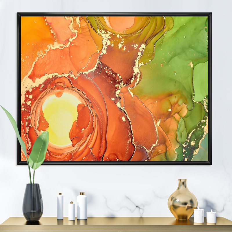 «Brown and Green Luxury Abstract Fluid Art», peinture sur toile, H 24 po x l 32 po, Cadre flottant noir