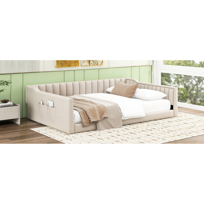 Lit de jour double rembourré beige avec rangement latéral - Confortable et élégant pour la chambre d'amis, sans sommier, processus d'assemblage facile en velours