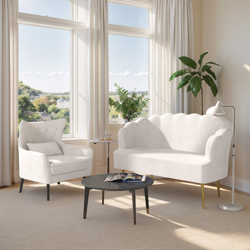 Causeuse 2 pièces en velours doux moderne avec fauteuil d'appoint, Beige