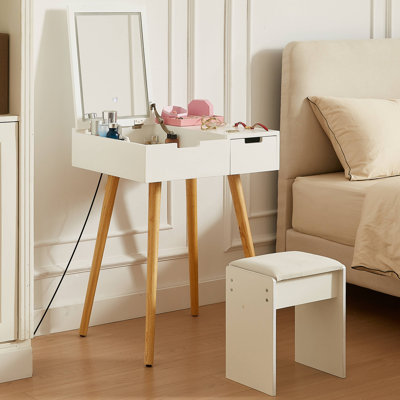 Petite coiffeuse de maquillage, bureau avec 2 tiroirs, organisateur de miroir rabattable, coiffeuse de maquillage pour chambre à coucher, vestiaire