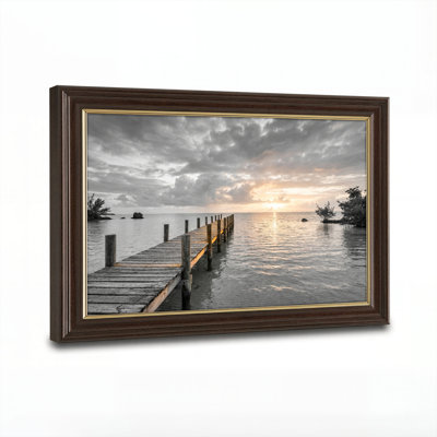 Art mural antique sur toile encadré doré pour le salon, la chambre à coucher, le bureau ou le vestibule - décoration murale décorative avec quai au coucher du soleil
