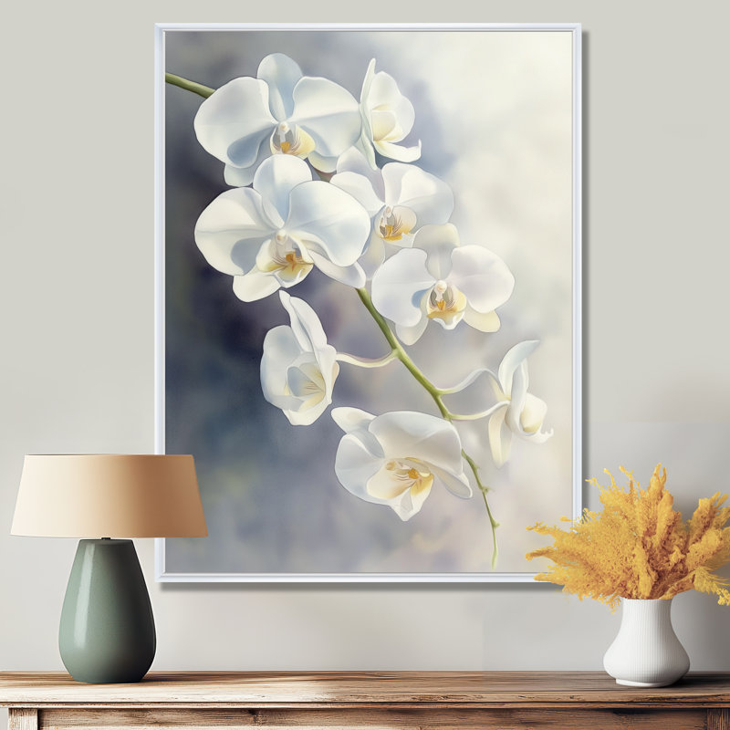 Art mural orchidée, toile florale blanche, cascade d'orchidées sur fond blanc, H 20 po x l 12 po, White Floater Framed