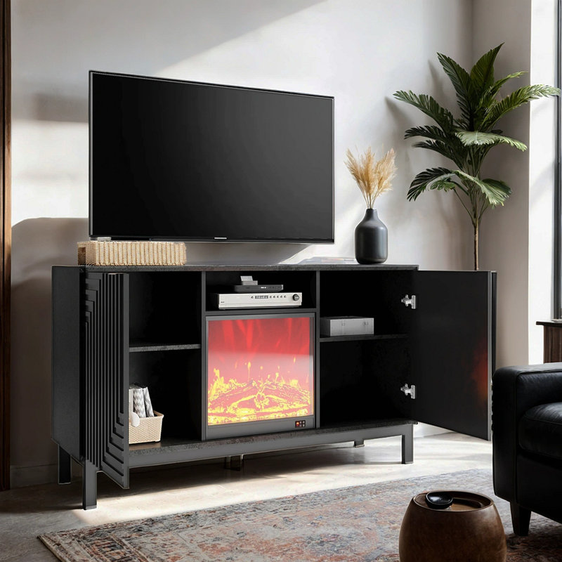 Meuble télé avec foyer électrique de 18 po, meuble télé Mid-Century avec tiroir et tablette, console multimédia pour le salon