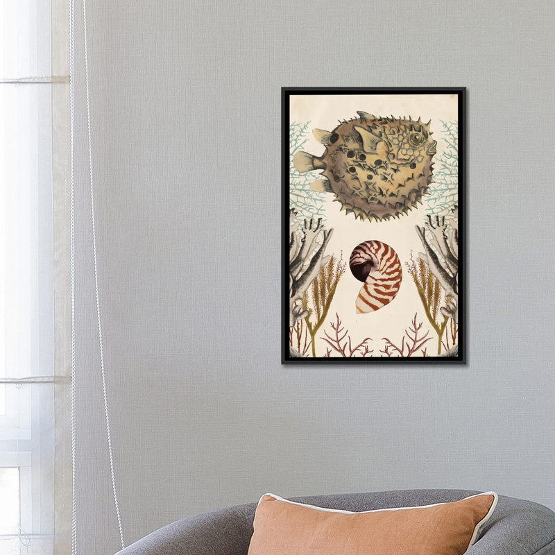 «Antiquarian Menagerie: Puffer Fish», reproduction d'impression sur toile, H 26 po x l 18 po x P 1,5 po, Toile encadrée noire