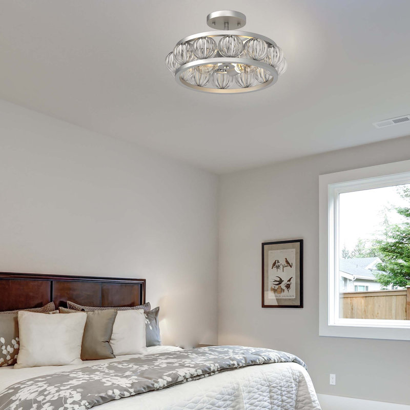 Plafonnier semi-encastré 2 lumières en nickel brossé l 17 po avec verre transparent, Nickel brossé