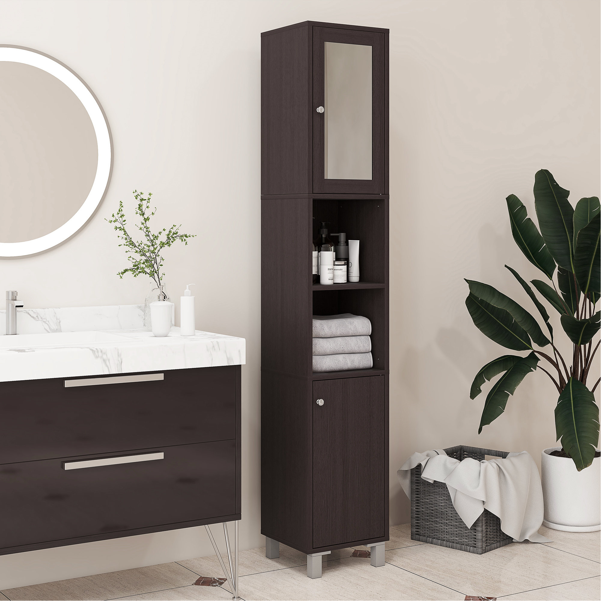 Ebern Designs Tall Bathroom Storage Cabinet, Wooden Freestanding Tower ...
