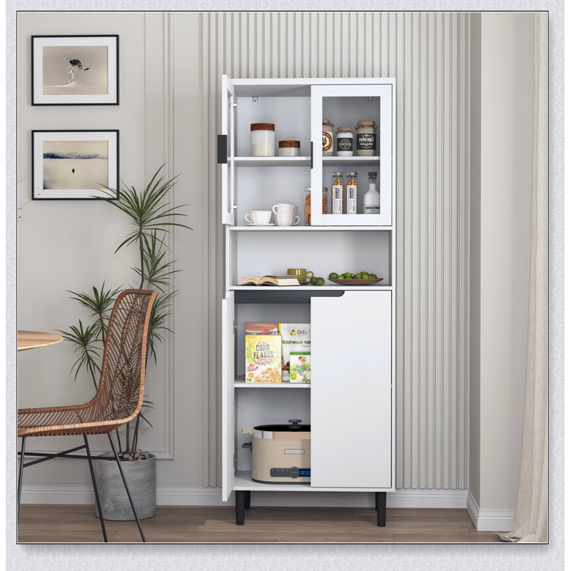 Armoire de rangement haute avec 2 portes vitrées et 2 portes, grande armoire de cuisine