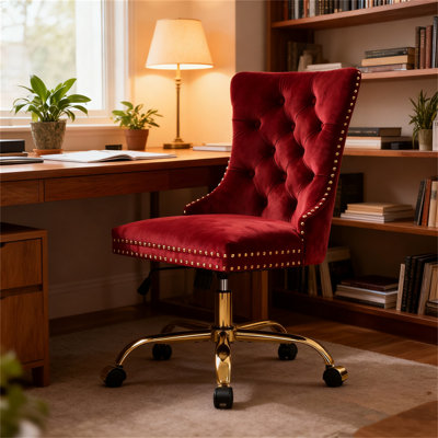 Upholstered Office Chair (Quilted Rivet Design + Fabric + Metal Base), Modern Style, Height-Adjustable And Swiveling, Suitable For Study, Office, Or