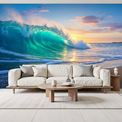 Papier peint adhésif de style bord de mer à motif de crépuscule à vagues bleues vibrantes H 69 po x l 96 po, papier peint mural amovible en PVC pour chambre à coucher, salon, salle de bain, bureau