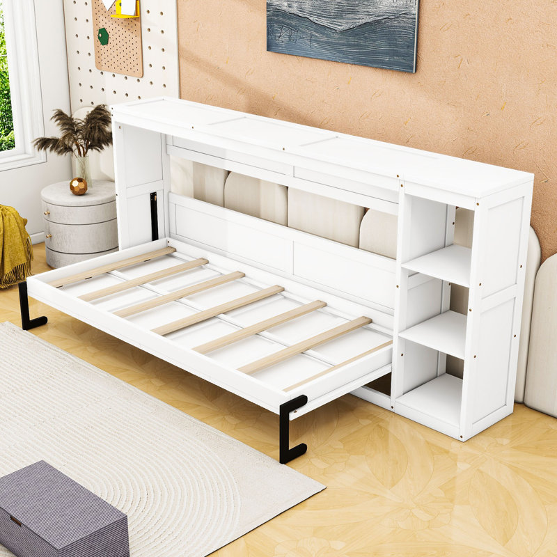 Lit escamotable en bois avec tablettes intégrées, Blanc, Simple