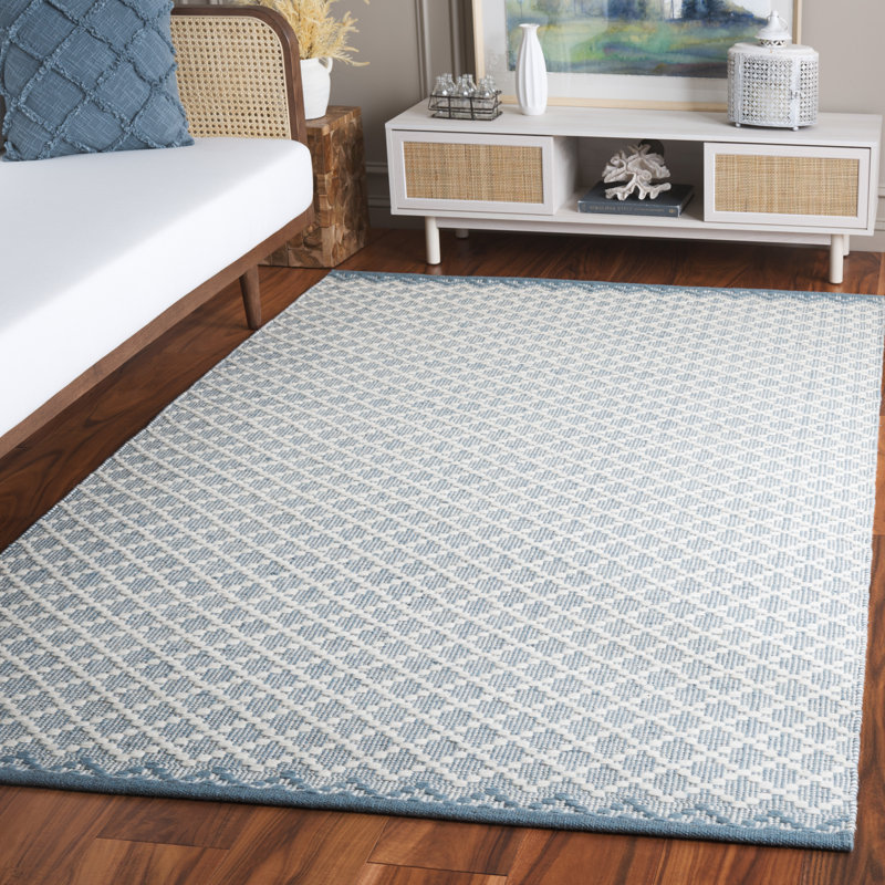 Dejon Hand Woven Wool/Cotton Geometric Rug in Blue/Ivory, Rectangle 5' x 8'