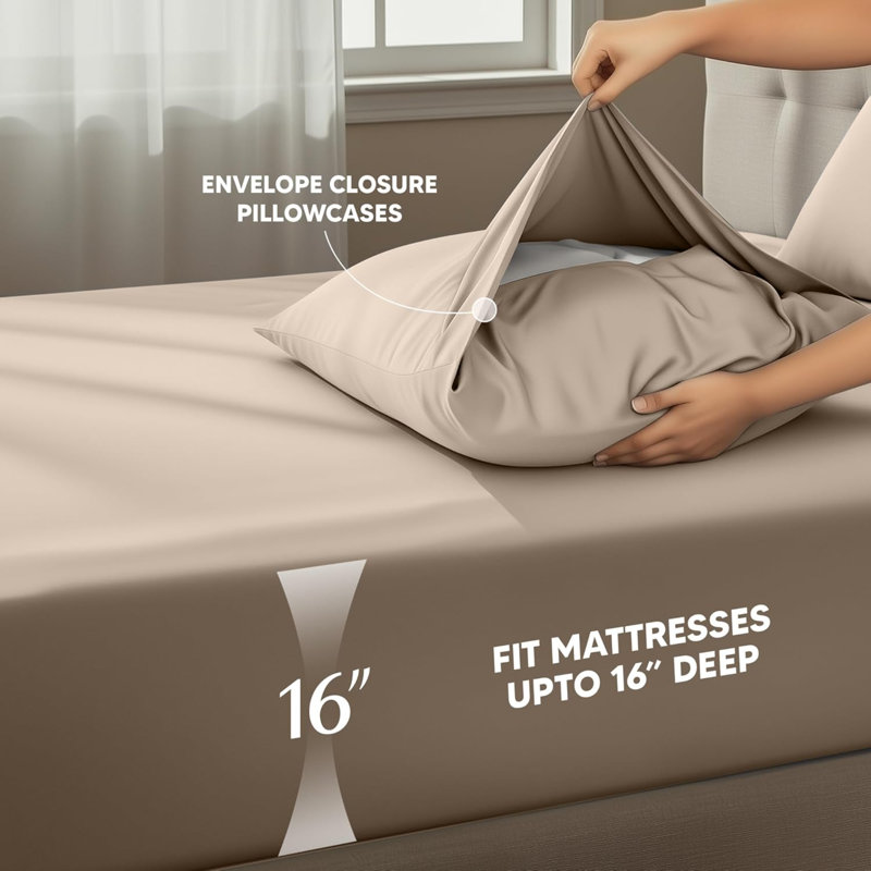 Toccoleggero Premium 100% Cotton Bed Sheet Set, Beige, Queen Sheet Set with 4 Pillowcases