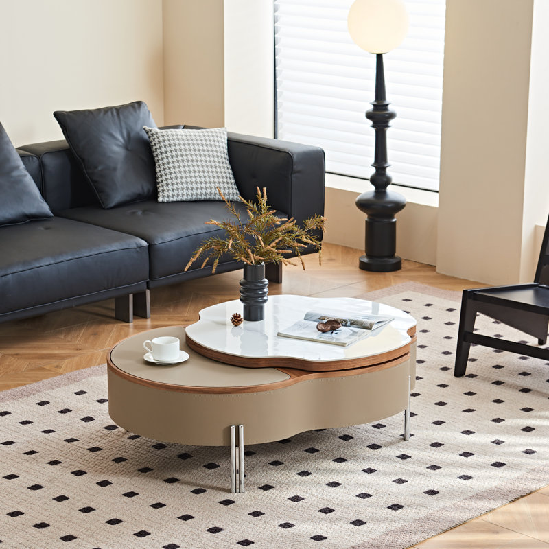 Lift Top Coffee Table with 360° Rotation & Hidden Storage - Modern Leather and Stone Top Center Table for Living Room